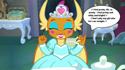 Size: 1280x720 | Tagged: safe, edit, edited screencap, screencap, character:smolder, species:dragon, episode:what lies beneath, g4, my little pony: friendship is magic, season 8, cave, claws, clothing, cup, cute, dialogue, dragon wings, dragoness, dress, eyes closed, fangs, female, horns, i feel pretty, jewelry, leonard bernstein, lyrics, makeup, music notes, princess smolder, singing, smolderbetes, solo, song reference, speech bubble, table, tea party, teacup, teeth, text, tiara, west side story, wings