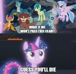 Size: 510x500 | Tagged: safe, edit, edited screencap, screencap, character:gallus, character:ocellus, character:sandbar, character:silverstream, character:smolder, character:tree of harmony, character:treelight sparkle, character:twilight sparkle, character:yona, species:changeling, species:classical hippogriff, species:dragon, species:earth pony, species:griffon, species:hippogriff, species:pony, species:reformed changeling, species:yak, episode:what lies beneath, g4, my little pony: friendship is magic, abuse, bow, cloven hooves, dragoness, female, flying, hair bow, jewelry, male, meme, monkey swings, necklace, student six, teenager, tree of harmony, treelight sparkle