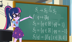 Size: 1460x865 | Tagged: safe, edit, edited screencap, screencap, character:twilight sparkle, character:twilight sparkle (scitwi), species:eqg human, episode:overpowered, g4, my little pony: equestria girls, my little pony:equestria girls, chalkboard, exploitable meme, fancy mathematics, geode of telekinesis, math, meme, quaternion, sci-twi's chalkboard, topology, twilight sparkle's chalkboard