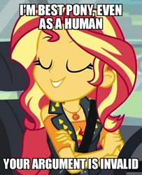 Size: 586x720 | Tagged: safe, edit, edited screencap, screencap, character:sunset shimmer, episode:driving miss shimmer, g4, my little pony: equestria girls, my little pony:equestria girls, argument, car, clothing, cropped, crossed arms, cute, cutie mark, eyelashes, eyes closed, female, geode of empathy, hand, image macro, meme, seatbelt, shimmerbetes, smug, solo, spikes, vest, your argument is invalid