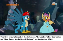 Size: 1024x668 | Tagged: safe, edit, edited screencap, screencap, character:gallus, character:smolder, species:dragon, species:griffon, episode:what lies beneath, g4, my little pony: friendship is magic, bowsette, clothing, dragoness, dress, duo, facial hair, fake history, female, male, mario hat, moustache, princess smolder, super mario bros.