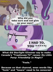 Size: 550x750 | Tagged: safe, edit, edited screencap, screencap, character:double diamond, character:party favor, character:starlight glimmer, character:sugar belle, episode:the cutie map, g4, my little pony: friendship is magic, censored, image macro, meme, s5 starlight, text