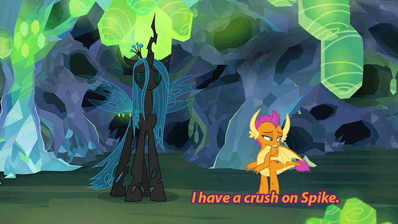 Size: 800x450 | Tagged: safe, edit, edited screencap, screencap, character:ocellus, character:queen chrysalis, character:smolder, species:changeling, species:dragon, species:reformed changeling, ship:spolder, episode:what lies beneath, g4, my little pony: friendship is magic, animated, cave, changeling queen, dragoness, duo, female, gif, implied spike, implied spolder, male, nightmare cave, shipping, straight