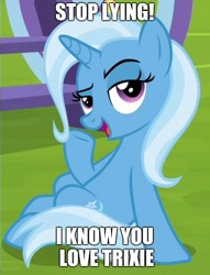 Size: 1000x1310 | Tagged: safe, edit, edited screencap, screencap, character:trixie, species:pony, species:unicorn, episode:on the road to friendship, cropped, female, image macro, mare, meme, open mouth, solo, stupid sexy trixie, text, trixie yells at everything