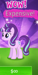 Size: 260x516 | Tagged: safe, edit, edited screencap, gameloft, screencap, character:starlight glimmer, cropped, edited edit, expensive, greedloft, infinity, meme, sunburst background, wow, wow! glimmer