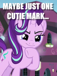 Size: 521x685 | Tagged: safe, edit, edited screencap, screencap, character:starlight glimmer, species:pony, species:unicorn, episode:the crystalling, g4, my little pony: friendship is magic, cropped, female, here we go again, hoof on chin, horn, image macro, lidded eyes, mare, meme, raised hoof, relapse, scheming, smiling, solo, standing, this will end in communism, this will end in equalization, this will not end well