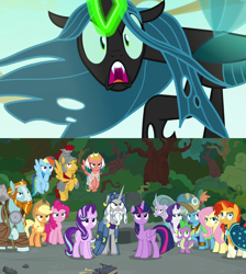 Size: 1280x1428 | Tagged: safe, edit, screencap, character:applejack, character:flash magnus, character:fluttershy, character:meadowbrook, character:mistmane, character:pinkie pie, character:queen chrysalis, character:rainbow dash, character:rarity, character:rockhoof, character:somnambula, character:spike, character:star swirl the bearded, character:starlight glimmer, character:sunburst, character:twilight sparkle, character:twilight sparkle (alicorn), species:alicorn, species:changeling, species:earth pony, species:pegasus, species:pony, species:unicorn, episode:shadow play, episode:to where and back again, g4, my little pony: friendship is magic, changeling queen, chrysalis encounters heroes, female, mane seven, mane six, pillars of equestria