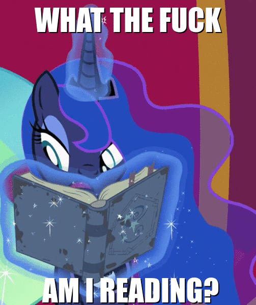 Size: 503x600 | Tagged: safe, edit, edited screencap, screencap, character:princess luna, species:alicorn, species:pony, episode:shadow play, g4, my little pony: friendship is magic, animated, confused, cropped, eyelashes, female, gif, image macro, journal, magic, magic aura, mare, meme, reaction image, solo focus, starswirl's book, telekinesis, throne room, vulgar, what the fuck am i reading