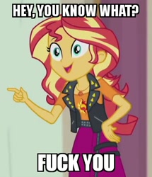 Size: 412x478 | Tagged: safe, edit, edited screencap, screencap, character:sunset shimmer, episode:constructive criticism, g4, my little pony: equestria girls, my little pony:equestria girls, clothing, cropped, eyelashes, female, fuck you, fuck your shit, geode of empathy, hand, hand on hip, image macro, meme, pointing, skirt, solo, spikes, vest, vulgar