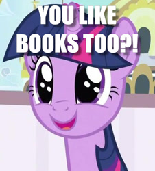 Size: 425x471 | Tagged: safe, edit, edited screencap, screencap, character:twilight sparkle, episode:sweet and elite, g4, my little pony: friendship is magic, book, bookhorse, bronybait, cropped, dork, exclamation point, female, image macro, interrobang, meme, question, question mark, solo, that pony sure does love books
