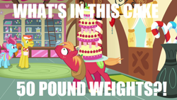 Size: 1280x720 | Tagged: safe, edit, edited screencap, screencap, character:big mcintosh, character:carrot cake, character:cup cake, species:earth pony, species:pony, episode:mmmystery on the friendship express, g4, my little pony: friendship is magic, apron, bow tie, cake, clothing, colored hooves, exclamation point, female, food, hat, horse collar, image macro, interrobang, ladder, male, mare, marzipan mascarpone meringue madness, meme, question mark, solo focus, stallion, sugarcube corner, trio