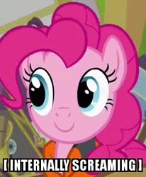Size: 320x388 | Tagged: safe, edit, edited screencap, screencap, character:pinkie pie, species:earth pony, species:pony, episode:pinkie apple pie, g4, my little pony: friendship is magic, cropped, cute, diapinkes, eyelashes, female, image macro, lifejacket, mare, meme, screaming internally, smiley face, smiling, solo