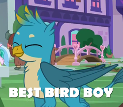 Size: 1014x878 | Tagged: safe, edit, edited screencap, screencap, character:gallus, character:silverstream, character:yona, species:bird, species:griffon, best griffon, best pony, birb, caption, cropped, cute, gallabetes, image macro, meme, school of friendship, smiling, solo focus, truth