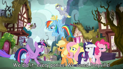Size: 1280x720 | Tagged: safe, edit, edited screencap, screencap, character:applejack, character:bon bon, character:derpy hooves, character:fluttershy, character:pinkie pie, character:rainbow dash, character:rarity, character:sweetie drops, character:twilight sparkle, character:twilight sparkle (alicorn), species:alicorn, species:pony, episode:bloom and gloom, g4, my little pony: friendship is magic, angry, annoyed, destruction, disaster, exploitable meme, mane six, meme, ponyville, spongebob squarepants, wet mane, wormy
