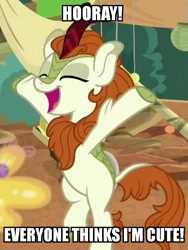 Size: 760x1012 | Tagged: safe, edit, edited screencap, screencap, character:autumn blaze, species:kirin, episode:sounds of silence, g4, my little pony: friendship is magic, spoiler:s08, awwtumn blaze, bipedal, butterfly, cropped, cute, excited, female, fluffy, happy, hooray, hooves, hooves raised, image macro, meme, smiling, solo