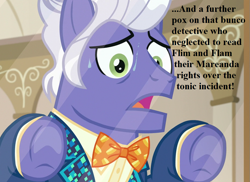 Size: 925x675 | Tagged: safe, edit, edited screencap, screencap, character:gladmane, episode:viva las pegasus, g4, my little pony: friendship is magic, bow tie, cropped, implied flim flam brothers, sweat, text