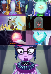 Size: 638x914 | Tagged: safe, edit, edited screencap, screencap, character:discord, character:queen novo, character:twilight sparkle, character:twilight sparkle (scitwi), species:draconequus, species:eqg human, species:seapony (g4), episode:magic duel, episode:princess twilight sparkle, episode:the crystal empire, episode:the crystalling, episode:the cutie re-mark, equestria girls:friendship games, equestria girls:rainbow rocks, g4, my little pony: equestria girls, my little pony: friendship is magic, my little pony: the movie (2017), my little pony:equestria girls, alicorn amulet, amulet, avengers, clothing, creepy, crystal castle, crystal heart, crystal prep academy, crystal prep academy uniform, day, dead ringer, female, glass, glasses, hairpin, heart, holding, houses, indoors, infinity, infinity gauntlet, infinity stones, infinity war, jewelry, lab coat, magic capture device, male, mind, mirror, night, orb, outdoors, pipe, portal, power, queen, queen novo's orb, reality, room, royalty, school, school uniform, schoolgirl, scroll, seaquestria, soul, symbol, technology, text, text edit, time, twilight's castle, underwater, vine, wall of tags