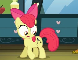 Size: 913x708 | Tagged: safe, edit, edited screencap, screencap, character:apple bloom, species:earth pony, species:pony, episode:bloom and gloom, g4, my little pony: friendship is magic, apple, apple bloom's cutie mark, background street crosser, cliffside (animated series), cropped, dresser, exploitable meme, female, food, meme, open mouth, solo