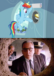 Size: 968x1362 | Tagged: safe, edit, edited screencap, screencap, character:rainbow dash, episode:secrets and pies, g4, my little pony: friendship is magic, bed mane, byron hadley, comic, ellis boyd redding, food, hole in the wall, messy mane, pie, poster, samuel norton, screencap comic, the shawshank redemption