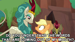 Size: 1024x575 | Tagged: safe, edit, edited screencap, screencap, character:applejack, character:maple brown, character:rain shine, species:earth pony, species:kirin, species:pony, episode:sounds of silence, g4, my little pony: friendship is magic, spoiler:s08, background kirin, female, image macro, mare, meme, rush hour