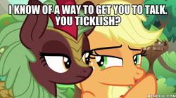 Size: 600x337 | Tagged: safe, edit, edited screencap, screencap, character:applejack, character:cinder glow, character:summer flare, species:earth pony, species:kirin, species:pony, episode:sounds of silence, g4, my little pony: friendship is magic, female, image macro, mare, meme, text, this will end in tickles, tickling