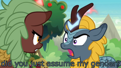 Size: 1920x1080 | Tagged: safe, edit, edited screencap, screencap, character:cinder glow, character:summer flare, character:winter flame, species:kirin, episode:sounds of silence, g4, my little pony: friendship is magic, angry, argument, background kirin, dialogue, did you just assume my gender?, eye contact, female, floppy ears, frown, glowing horn, gritted teeth, image macro, looking at each other, magic, meme, open mouth, text, wide eyes