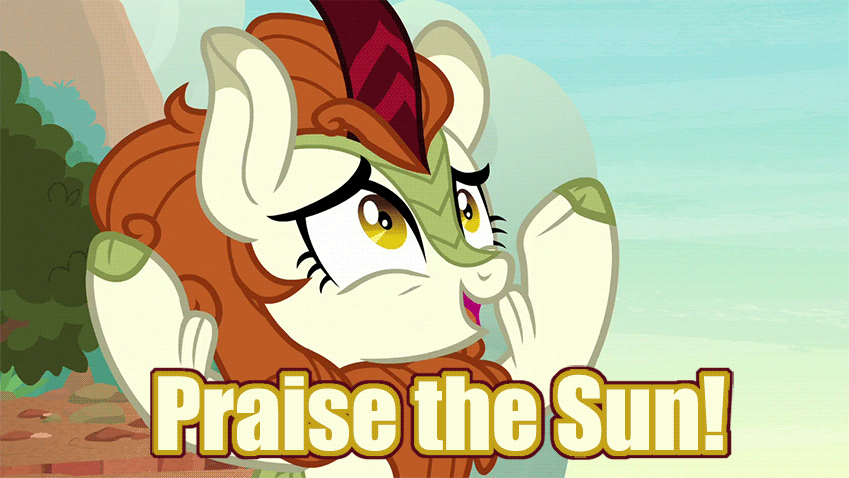 Size: 849x478 | Tagged: safe, edit, edited screencap, screencap, character:autumn blaze, species:kirin, episode:sounds of silence, g4, my little pony: friendship is magic, spoiler:s08, animated, caption, female, flowing mane, praise the sun, solo