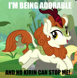 Size: 612x625 | Tagged: safe, edit, edited screencap, screencap, character:autumn blaze, species:kirin, episode:sounds of silence, g4, my little pony: friendship is magic, and nopony can stop me, awwtumn blaze, cloven hooves, cropped, cute, image macro, meme, text, tree