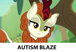 Size: 1280x876 | Tagged: safe, edit, edited screencap, screencap, character:autumn blaze, species:kirin, episode:sounds of silence, g4, my little pony: friendship is magic, spoiler:s08, autism, background pony strikes again, downvote bait, female, frown, head tilt, lidded eyes, op is a duck, op is trying to start shit