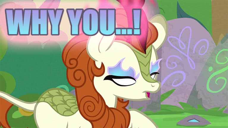 Size: 767x431 | Tagged: safe, edit, edited screencap, screencap, character:autumn blaze, species:kirin, episode:sounds of silence, g4, my little pony: friendship is magic, spoiler:s08, angry, animated, caption, furious, glowing eyes, imminent nirik, rage