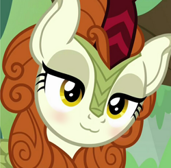 Size: 1600x1570 | Tagged: safe, edit, edited screencap, screencap, character:autumn blaze, species:kirin, episode:sounds of silence, g4, my little pony: friendship is magic, spoiler:s08, :3, awwtumn blaze, blushing, cropped, cute, female, solo