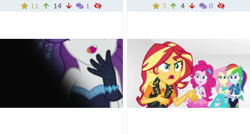 Size: 572x307 | Tagged: safe, edit, screencap, character:fluttershy, character:pinkie pie, character:rainbow dash, character:rarity, character:sunset shimmer, derpibooru, episode:the other side, equestria girls:rollercoaster of friendship, g4, my little pony: equestria girls, my little pony:equestria girls, juxtaposition, meta, upset