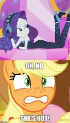 Size: 500x879 | Tagged: safe, edit, edited screencap, screencap, character:applejack, character:rarity, episode:the other side, g4, my little pony: equestria girls, my little pony:equestria girls, bare shoulders, clothing, cropped, dialogue, female, implied lesbian, implied rarijack, implied shipping, meme, oh no he's hot, parody, sexy, sleeveless, spongebob squarepants, squilliam returns, strapless, text, unitard