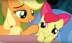 Size: 1297x767 | Tagged: safe, edit, edited screencap, screencap, character:apple bloom, character:applejack, episode:bloom and gloom, g4, my little pony: friendship is magic, :c, concerned, frown, inverted mouth