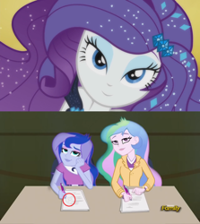 Size: 1280x1432 | Tagged: safe, edit, screencap, character:princess celestia, character:princess luna, character:principal celestia, character:rarity, character:vice principal luna, episode:the other side, equestria girls:rainbow rocks, g4, my little pony: equestria girls, my little pony:equestria girls, bedroom eyes, cute, discovery family logo, female, heart, paper, sisters, under our spell, vice principal luna