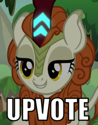 Size: 495x631 | Tagged: safe, edit, edited screencap, screencap, character:autumn blaze, species:kirin, episode:sounds of silence, g4, my little pony: friendship is magic, spoiler:s08, cropped, female, image macro, lidded eyes, meme, reaction image, solo, text, upvote