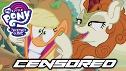 Size: 1280x720 | Tagged: safe, edit, edited screencap, screencap, character:applejack, character:autumn blaze, species:earth pony, species:kirin, species:pony, episode:sounds of silence, g4, my little pony: friendship is magic, clothing, cloven hooves, cowboy hat, duo, female, forced smile, hat, my little pony logo