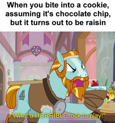 Size: 908x968 | Tagged: safe, edit, edited screencap, screencap, character:rockhoof, episode:a rockhoof and a hard place, g4, my little pony: friendship is magic, angry, apple, cookie, cropped, food, meme, meta, rockhoof's shovel, solo, trick