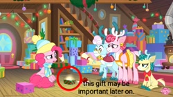Size: 1280x720 | Tagged: safe, edit, edited screencap, screencap, character:alice, character:aurora, character:bori, character:pinkie pie, episode:best gift ever, g4, my little pony: friendship is magic, circle, text, text edit, theory