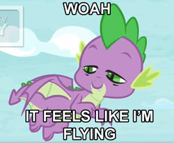 Size: 1053x867 | Tagged: safe, edit, edited screencap, screencap, character:spike, species:dragon, episode:father knows beast, g4, my little pony: friendship is magic, cropped, drugs, flying, high, male, marijuana, solo, stoned, stoner spike, winged spike
