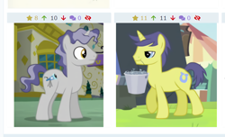 Size: 1218x740 | Tagged: safe, edit, screencap, character:comet tail, character:star bright, species:pony, species:unicorn, derpibooru, episode:spice up your life, episode:trade ya, g4, my little pony: friendship is magic, background pony, bucket, cropped, juxtaposition, juxtaposition win, lidded eyes, looking at each other, male, meme, meta, mouth hold, nails, stallion, walking, wrong cutie mark