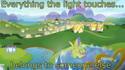 Size: 1920x1080 | Tagged: safe, edit, edited screencap, screencap, character:sludge, character:spike, species:dragon, episode:father knows beast, g4, my little pony: friendship is magic, balcony, discovery family logo, duo, image macro, male, meme, mountain, ponyville, ponyville town hall, scenery, school of friendship, sky, text, the lion king, the lion king 1 1/2, twilight's castle