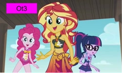 Size: 867x524 | Tagged: safe, edit, edited screencap, screencap, character:pinkie pie, character:sunset shimmer, character:twilight sparkle, character:twilight sparkle (scitwi), species:eqg human, ship:scitwishimmer, ship:sunsetpie, ship:sunsetsparkle, ship:twinkie, g4, my little pony: equestria girls, my little pony:equestria girls, bracelet, clothing, female, geode of empathy, geode of sugar bombs, geode of telekinesis, jewelry, lesbian, necklace, ot3, polyamory, ponytail, scitwinkie, shipping, sunlightpie, swimsuit, wristband