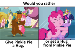 Size: 1018x658 | Tagged: safe, edit, edited screencap, screencap, character:pinkie pie, character:prince rutherford, character:twilight sparkle, character:twilight sparkle (alicorn), species:alicorn, species:earth pony, species:pony, episode:party pooped, equestria girls:equestria girls, g4, my little pony: equestria girls, my little pony: friendship is magic, my little pony:equestria girls, big crown thingy, bronybait, cloven hooves, cropped, exploitable meme, female, hug, image macro, jewelry, male, mare, meme, pinkie pie day, regalia, text, would you rather