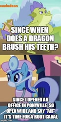 Size: 269x536 | Tagged: safe, edit, edited screencap, screencap, character:minuette, character:sludge, species:dragon, species:pony, species:unicorn, episode:father knows beast, g4, my little pony: friendship is magic, comic, cropped, dentist, face mask, female, image macro, male, mare, meme, screencap comic, text