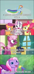 Size: 604x1296 | Tagged: safe, edit, edited screencap, screencap, character:apple bloom, character:cheerilee, character:rainbow dash, character:scootaloo, character:starsong, character:sweetie belle, species:pegasus, species:pony, episode:a flurry of emotions, episode:one bad apple, episode:starsong's dance & sing party, episode:suited for success, g3, g4, meet the ponies, my little pony: friendship is magic, season 1, 35th anniversary, caption, i hope we hear a story from cheerilee, rainbow dash always dresses in style, season 3, season 7, sweetie belle's magic brings a great big smile, theme song