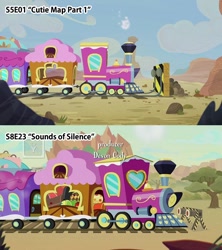 Size: 960x1080 | Tagged: safe, edit, edited screencap, screencap, episode:sounds of silence, episode:the cutie map, g4, my little pony: friendship is magic, comparison, friendship express, no pony, train, train tracks, tree