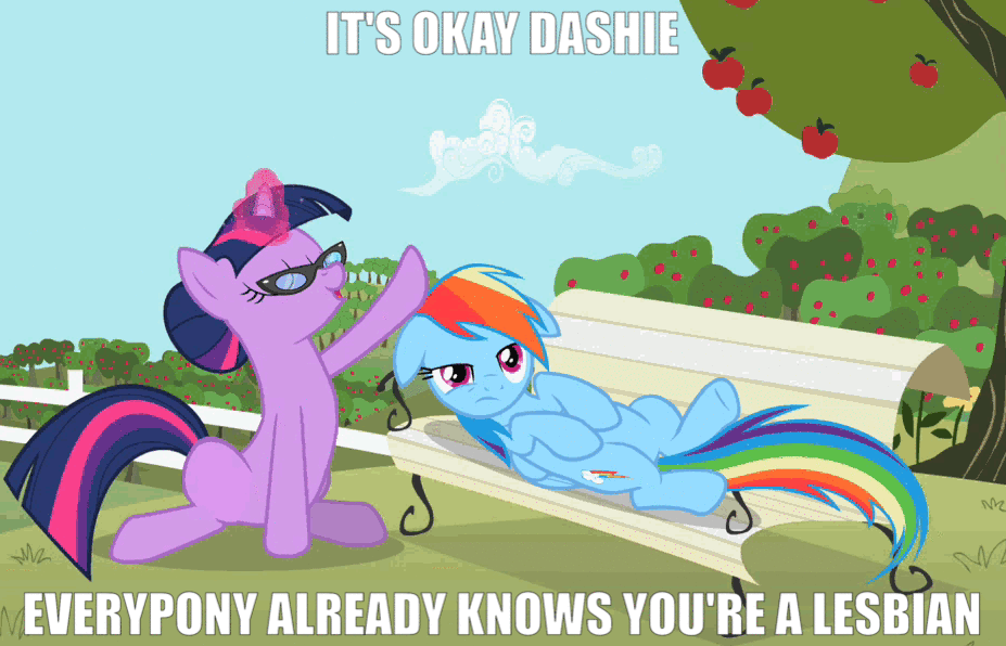 Size: 927x596 | Tagged: safe, edit, edited screencap, screencap, character:rainbow dash, character:twilight sparkle, episode:lesson zero, g4, my little pony: friendship is magic, animated, apple tree, bench, floppy ears, glasses, image macro, implied lesbian, lies, meme, petting, rainbow dash is not amused, text, tree, unamused