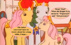Size: 675x432 | Tagged: safe, edit, edited screencap, screencap, character:king of the isle of pony, character:queen of the isle of pony, episode:princess problems, g1, my little pony tales, cropped, crown, dialogue, implied bright eyes, jewelry, punctuation error, reality ensues, regalia, rosy, royalty, speech bubble