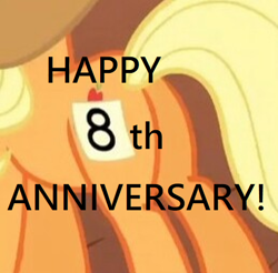 Size: 516x508 | Tagged: safe, edit, edited screencap, screencap, character:applejack, species:pony, episode:fall weather friends, g4, my little pony: friendship is magic, 8, cropped, female, happy birthday mlp:fim, mlp fim's eighth anniversary, plot, solo